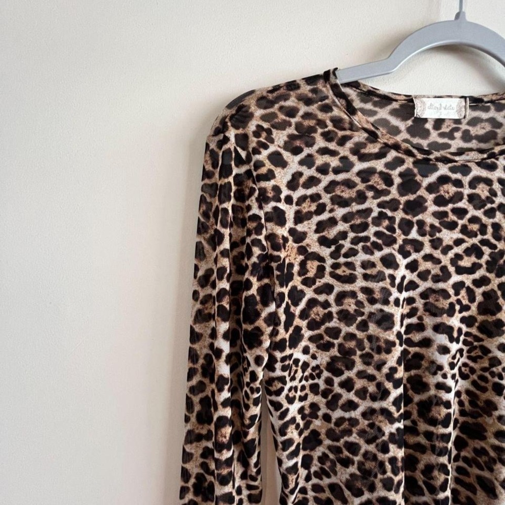 Altar'd State Mesh Leopard Print Crop Top S Long Sleeve Lettuce Hem Sheer Y2K - Picture 2 of 6